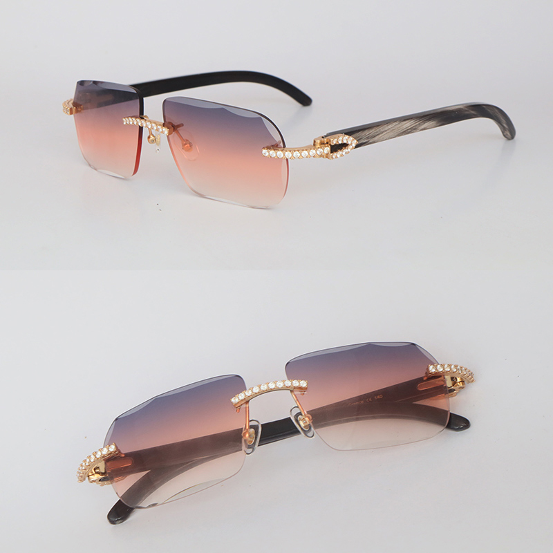 New Model Luxury Glasses Moissanite Diamond Set Rimles Sunglasses For Men Women Original Black Marbled Buffalo Horn Rimles Diamond cut Lens Sun Glasses Designer