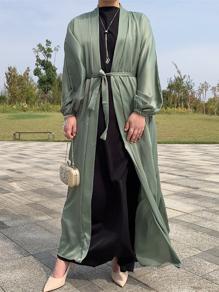 Ethnic Clothing Ramadan Eid Fashion Kimono Muslim Dress Smooth Silk Elegant Solid Color Long Muslim Abayas Women's Modest Dress 230520