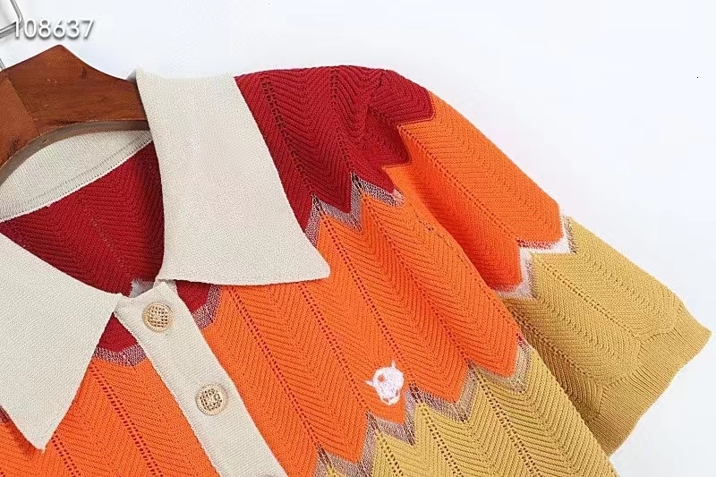 Two Piece Dress High Quality Women Fashion Summer Vintage Ice Silk Loose Colorful Striped Polo Collar Knit Top Shorts Pieces Set 230520