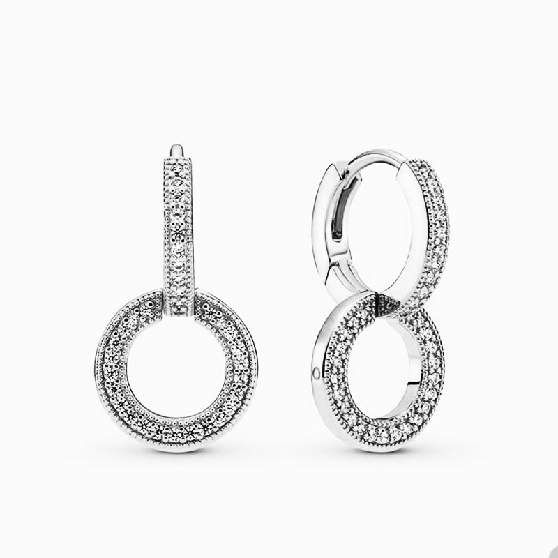 Sparkling Double Circle Hoop Earrings Authentic Sterling Silver Wedding Earring Jewelry For Women Crystal diamond earring with Retail Box