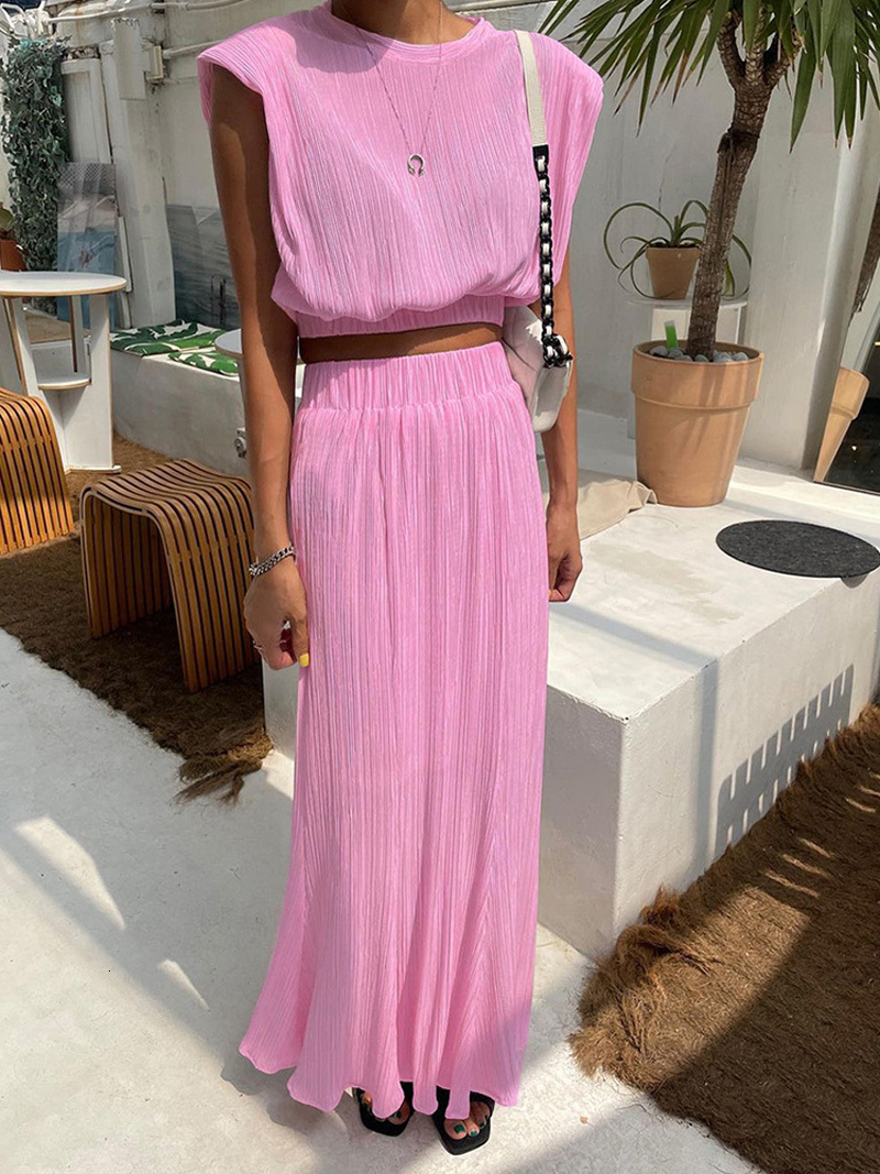 Two Piece Dress Spring Summer Women Solid Elegant Maxi Skirt Set Outfits Tank Crop Tops 2 Matching 230520