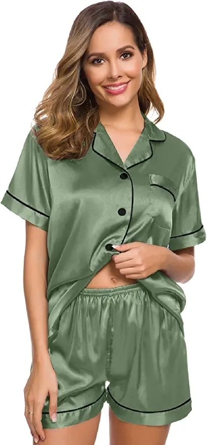 Women's Sleepwear Satin pajamas Women's short sleeved pajamas Soft silk button down jacket Pjs short sleeved set S-XXL 230520