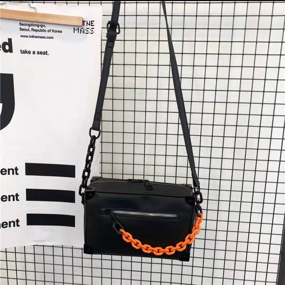 Black PU Leather Trunk Chain Crossbody for Women & Men Casual Soft Designer Messenger Bag 4