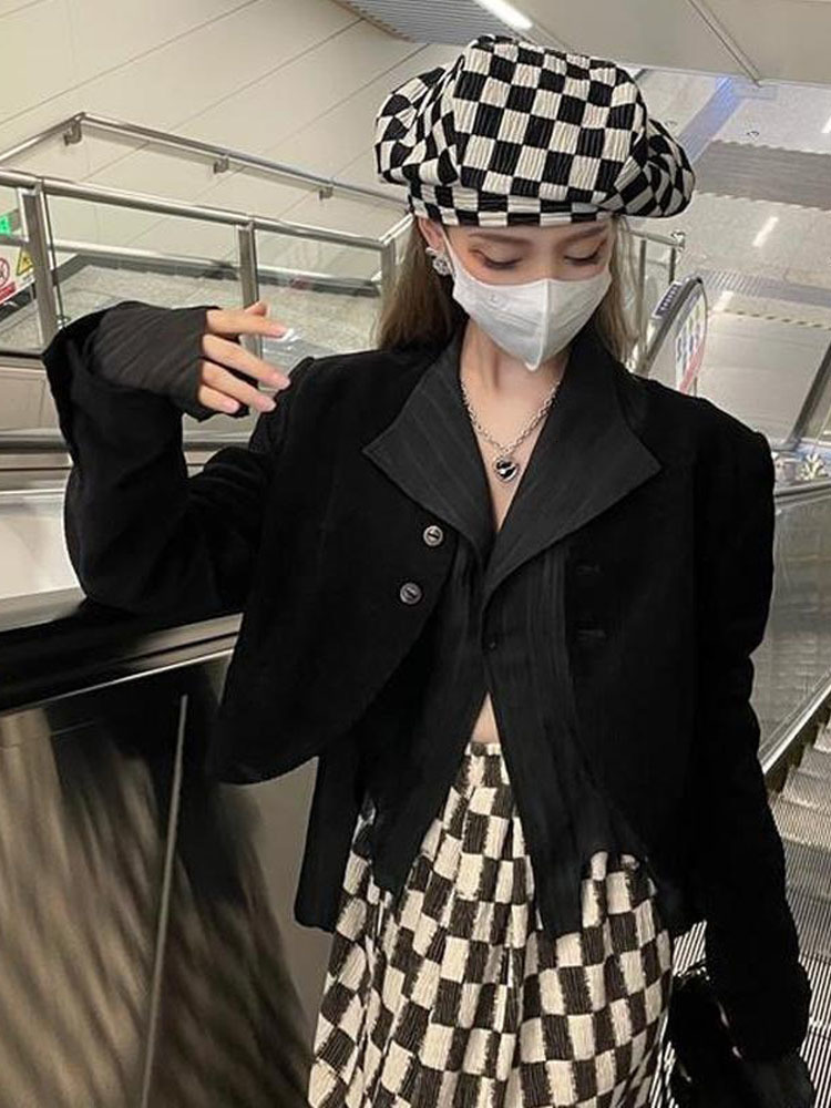 Women's Blouses Shirts Deeptown Y2k Blouse Women Vintage Black Shirt Gothic Harjauku Pleated Button Up Korean Dark Tight Long Sleeve Aesthetic Fe