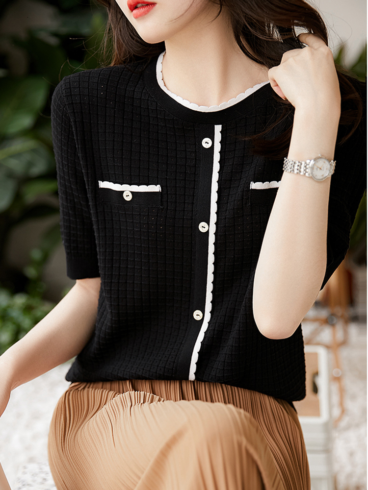 Women's TShirt Black White Tee Shirt Femme Button Knitted T Shirt Women Tshirt Short Sleeve Top Summer Korean Style Clothes Camiseta Mujer 230520