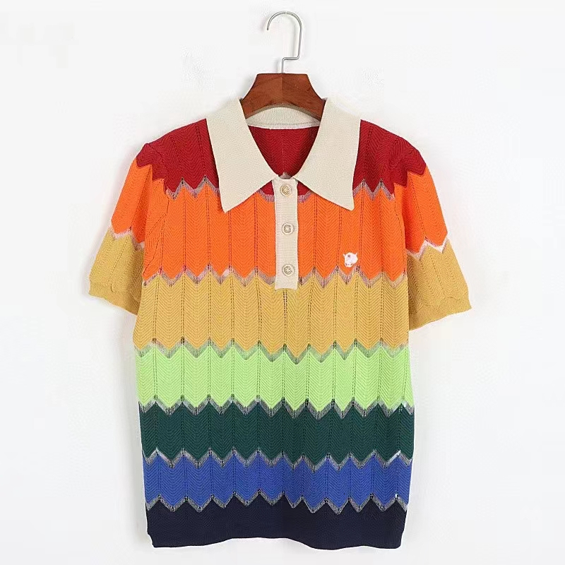 Two Piece Dress High Quality Women Fashion Summer Vintage Ice Silk Loose Colorful Striped Polo Collar Knit Top Shorts Pieces Set 230520
