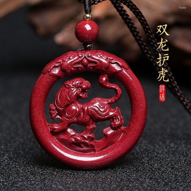 Pendant Necklaces Natural Red Cinnabar Jade Tiger With Rope Chain Fengshui Charms Necklace Men Women Lucky Amulet Sweater