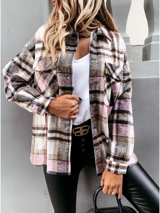 Autumn/Winter European and American Women's New Woolen Shirt Long Sleeve Plaid Coat