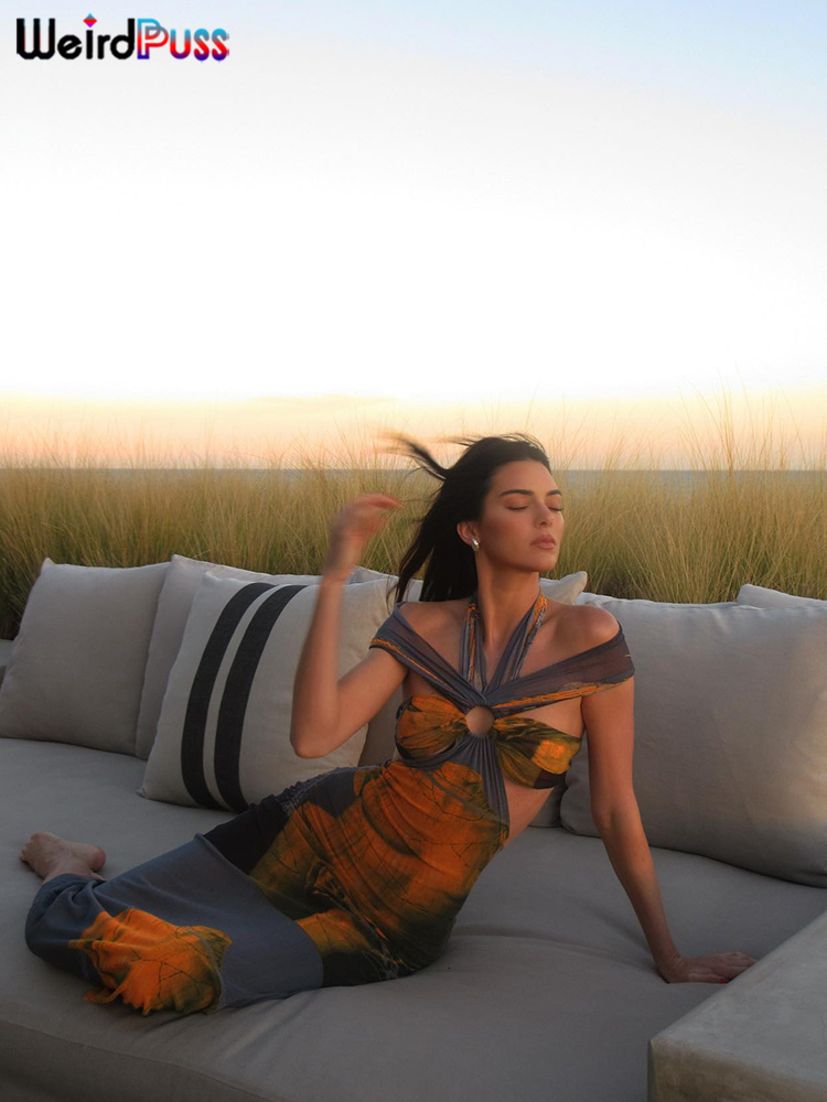 Basic Casual Dresses Weird Puss Colorful Print Women Maxi Dress Halter Hollow Sleeveless Slash Neck Elegant Summer Vacation Party Bodycon Vestidos 230