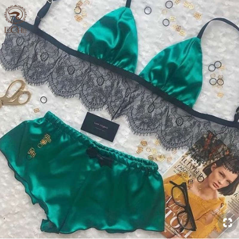 Women's Sleepwear Leechee's women's pajamas sexy satin pajama set Comfortable home clothing Sleeveless cute bra and short sleeved V-nec