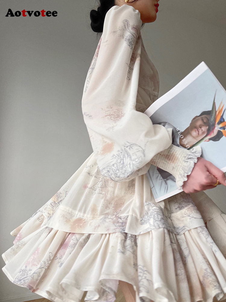 Two Piece Dress Aotvotee 3 Sets Outfits 2023 Fashion Lantern Sleeve Single Breasted Tops Vintage Ruffle Printing Skirt 230520