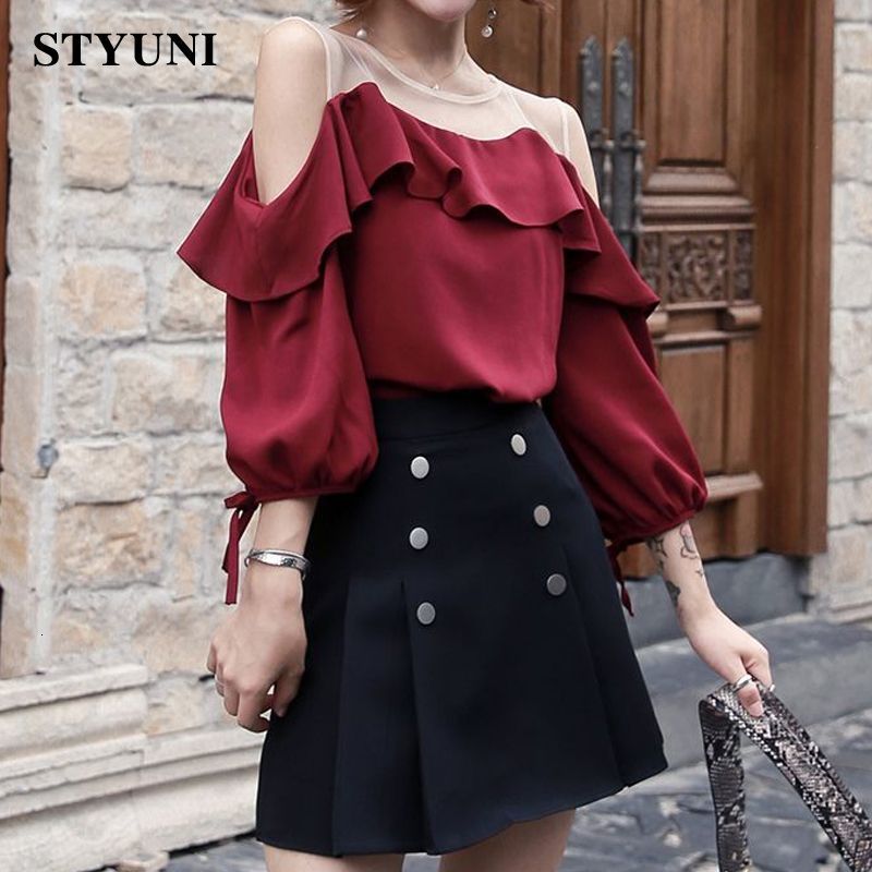 Two Piece Dress Ruffles ONeck Mesh Puff Sleeve Loose Women's Blouse Shirt High Waist Pleated Skirt Korean Fashion piece Set 2023 Summer 230520