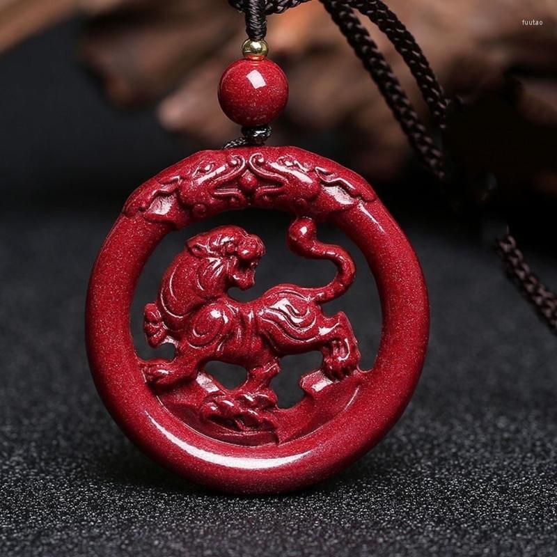 Pendant Necklaces Natural Red Cinnabar Jade Tiger With Rope Chain Fengshui Charms Necklace Men Women Lucky Amulet Sweater