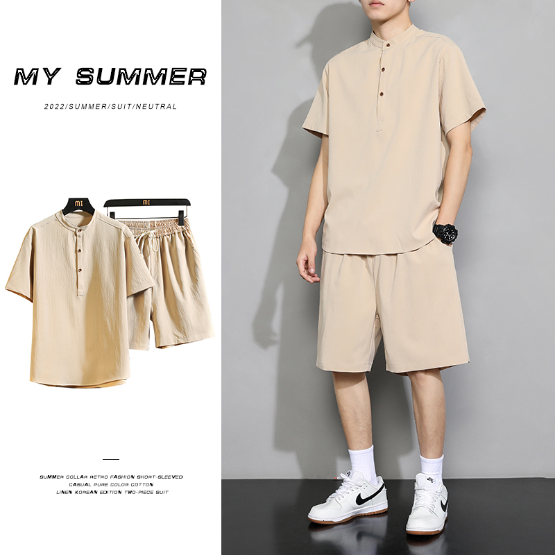 Men's Tracksuits 2023 Arrival Cotton and Linen Short Sleeve TshirtShorts 2PC Set Solid ShirtShorts Home Suits Male S6XL WSY689 230520