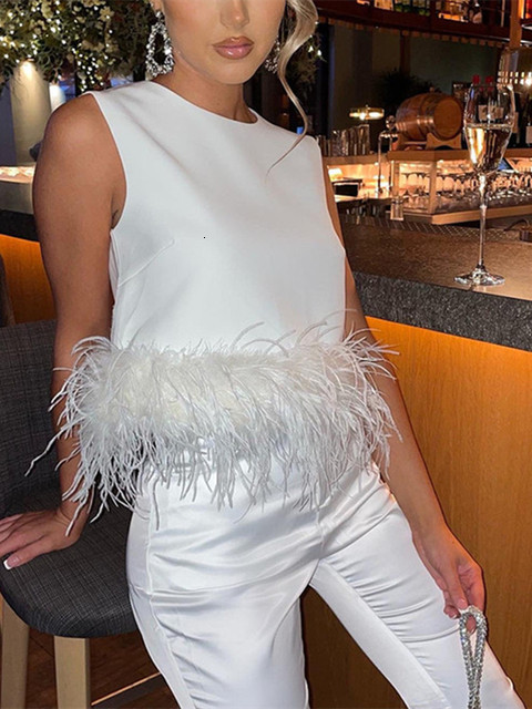 Women's Blouses Shirts Summer Elegant Tops and Blouses Women Solid Color Sleeveless Feather Hem Crop Tops Casual Shirts Female Streetwear 230520