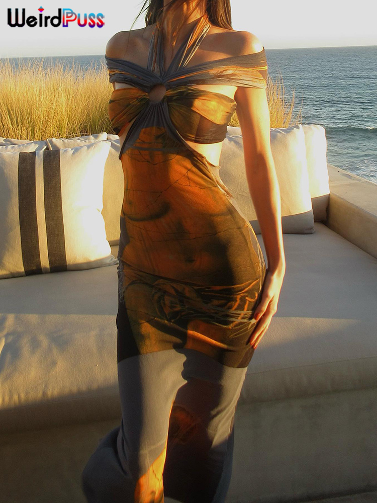 Basic Casual Dresses Weird Puss Colorful Print Women Maxi Dress Halter Hollow Sleeveless Slash Neck Elegant Summer Vacation Party Bodycon Vestidos 230