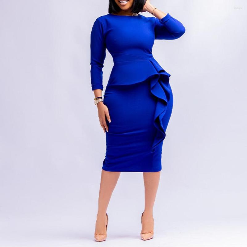 Casual Dresses Plus Size Elegant Women Spring Summer Slim Bodycon Mid-Calf Dress Fashion Solid Ruffles Office Lady Clothes