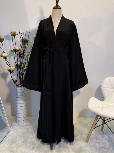 Ethnic Clothing Ramadan Eid Fashion Kimono Muslim Dress Smooth Silk Elegant Solid Color Long Muslim Abayas Women's Modest Dress 230520