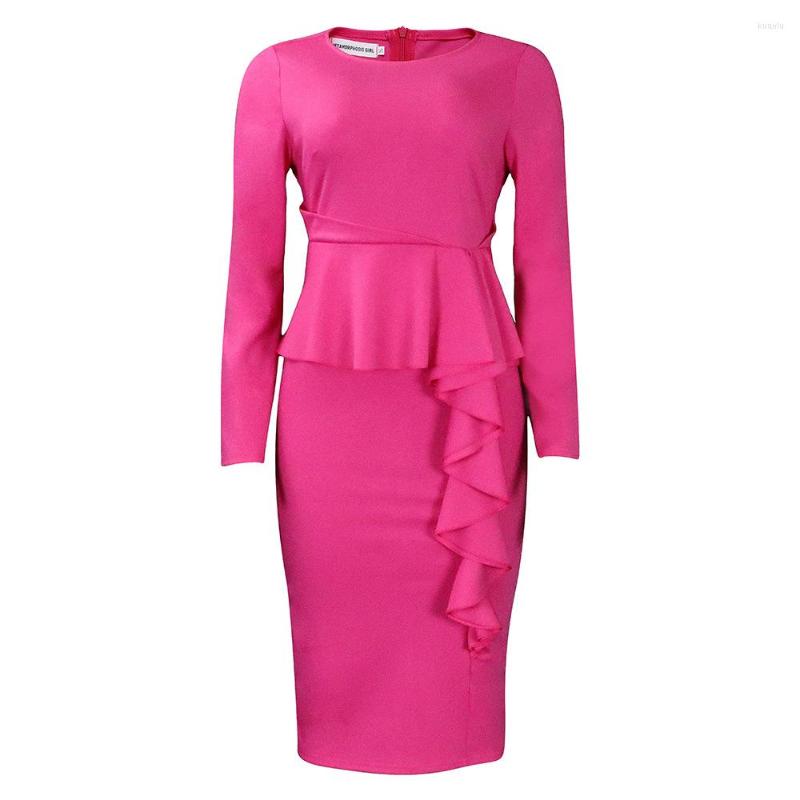 Casual Dresses Plus Size Elegant Women Spring Summer Slim Bodycon Mid-Calf Dress Fashion Solid Ruffles Office Lady Clothes