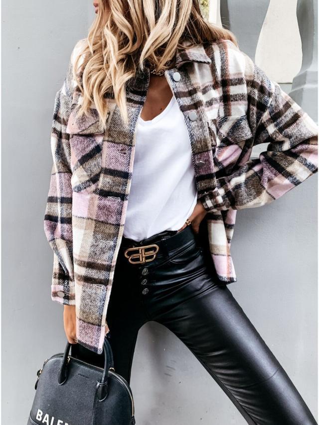 Autumn/Winter European and American Women's New Woolen Shirt Long Sleeve Plaid Coat