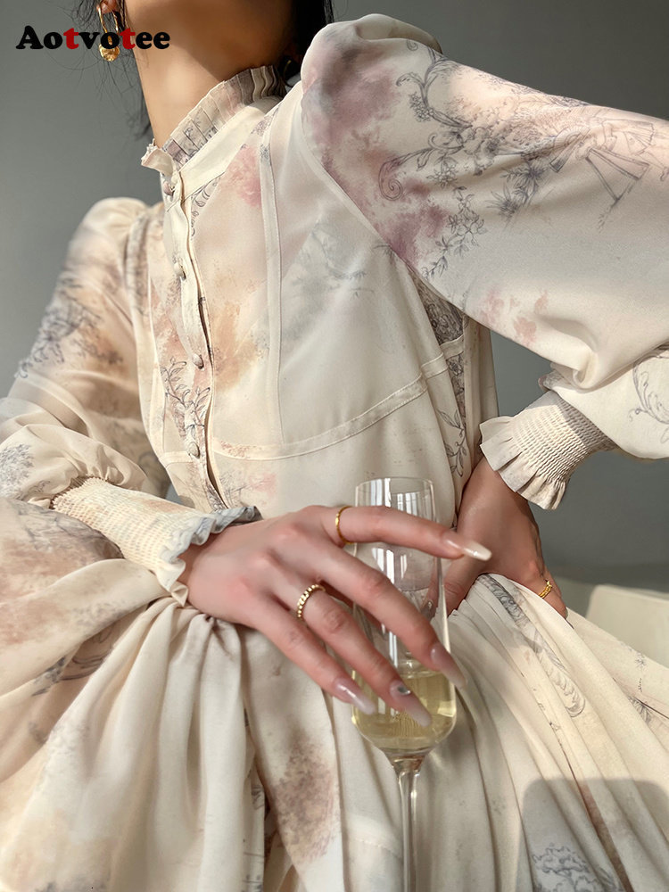 Two Piece Dress Aotvotee 3 Sets Outfits 2023 Fashion Lantern Sleeve Single Breasted Tops Vintage Ruffle Printing Skirt 230520