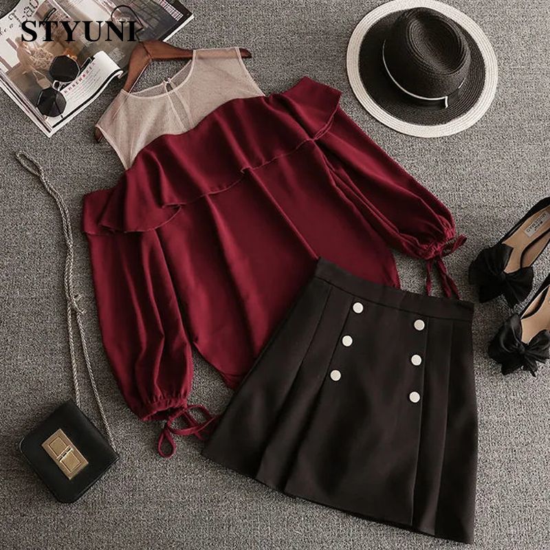 Two Piece Dress Ruffles ONeck Mesh Puff Sleeve Loose Women's Blouse Shirt High Waist Pleated Skirt Korean Fashion piece Set 2023 Summer 230520