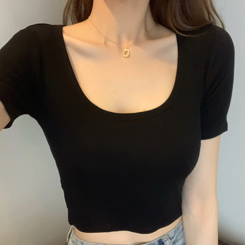 Women's TShirt Women Crop Tops Shirts Harajuku Female U Neck Short Sleeve Solid Color Slim Fit Short Tshirts Tees Women's Clothes 230520