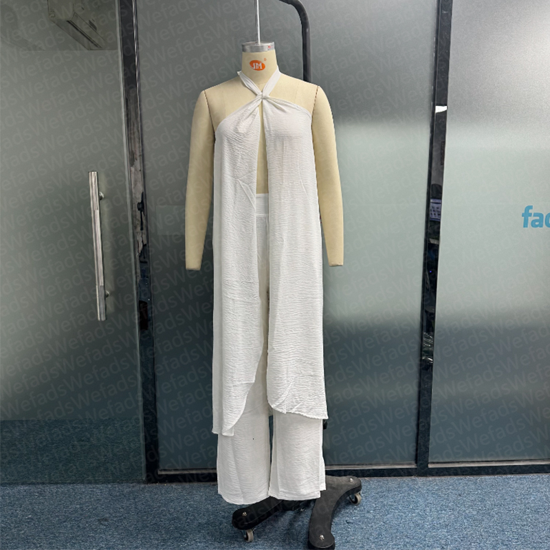 Women s Two Piece Pants Wefad Set Summer Fashion Sleeveless Lace Up Halter Neck Slit Long Top Loose Straight Sets Streetwear 230522