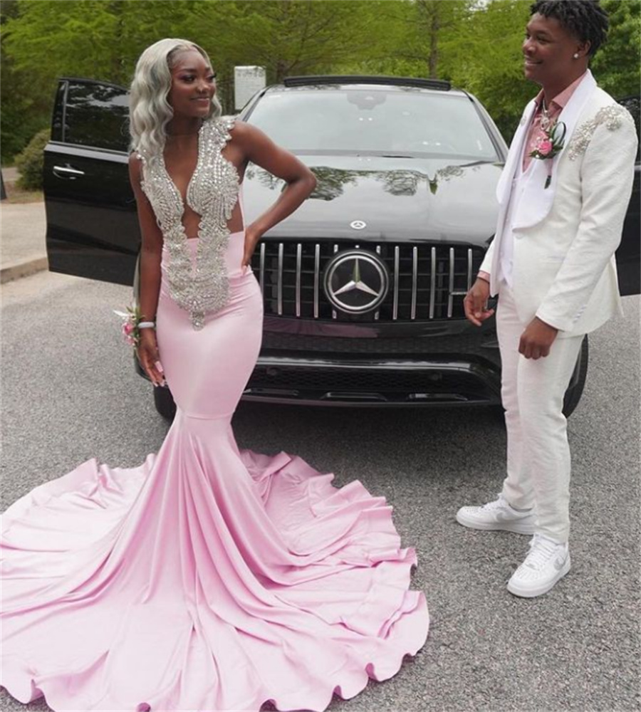 Beautiful Pink Beaded Prom Dress 2023 Elegant Mermaid Satin Black Girls Formal Occasion Wear Luxe Birthday Party Evening Gowns robe de soiree vestido 