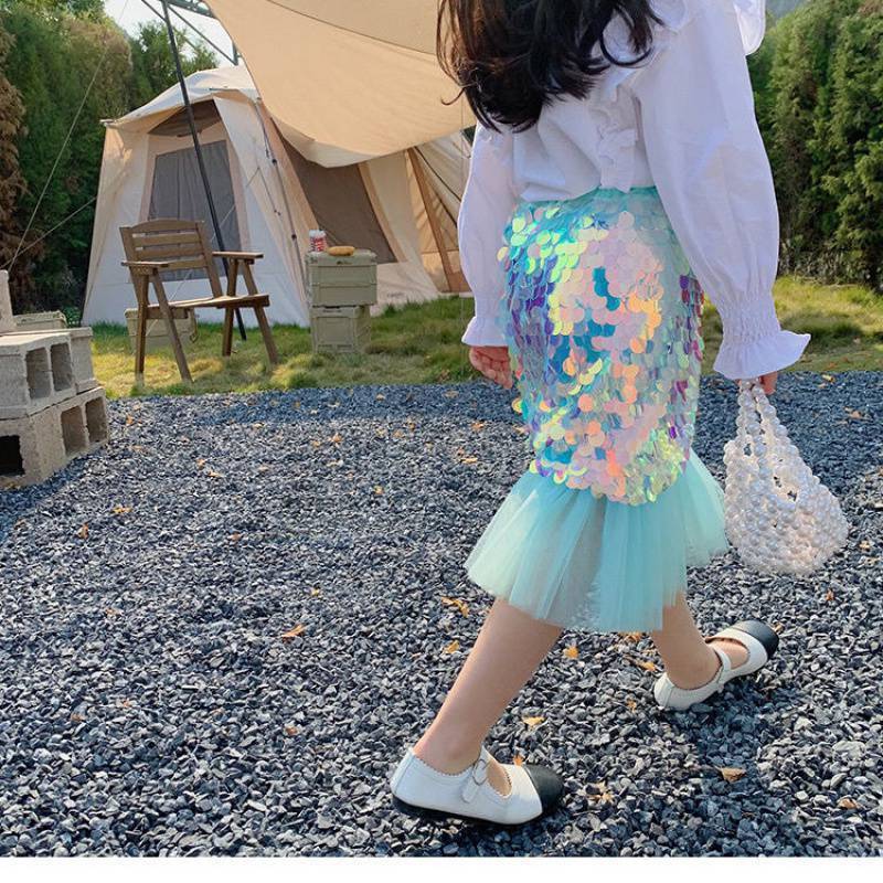 Skirts Summer Girls Childrens Half Dress Mini Skirt Daughter Of The Sea Blue Mermaid Princess Special Sequins 230520