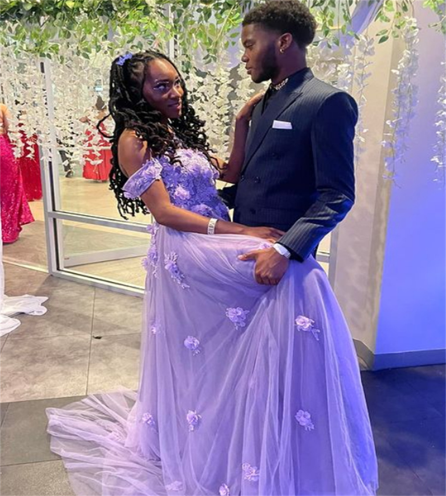 Fairy Lilac 3D Florals Prom Dress 2023 Off Shoulders A Line Tulle Evening Dresses Appliques Lace Formal Occasion Birthday Party robe de soiree vestido