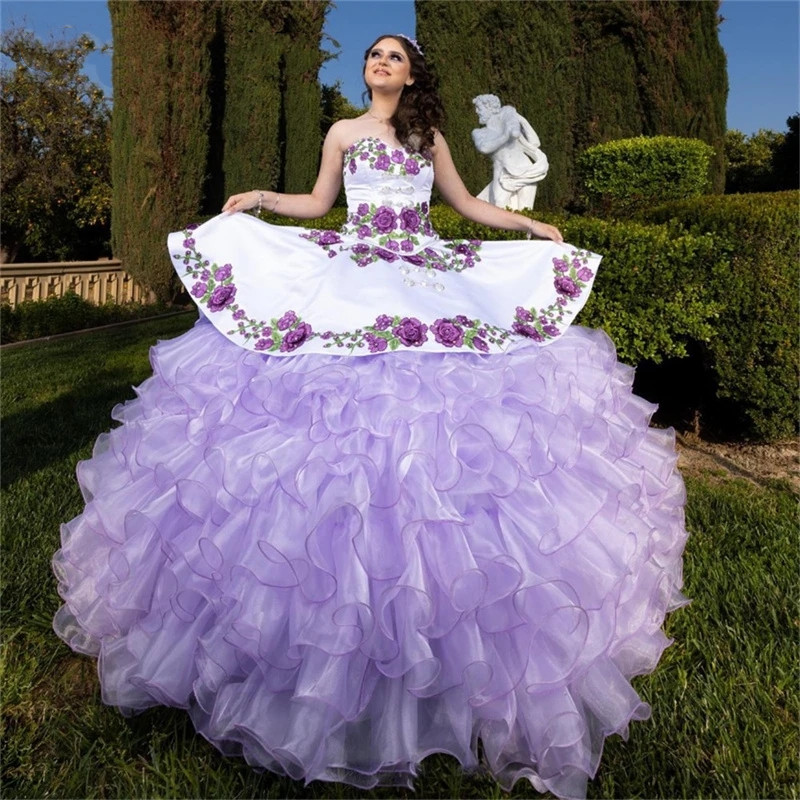 Mexican Lavender Princess Ball Gown Quinceanera Dresses Flowers Appliques Beads Ruffles Birthday Prom Party For 15Th Girls 322