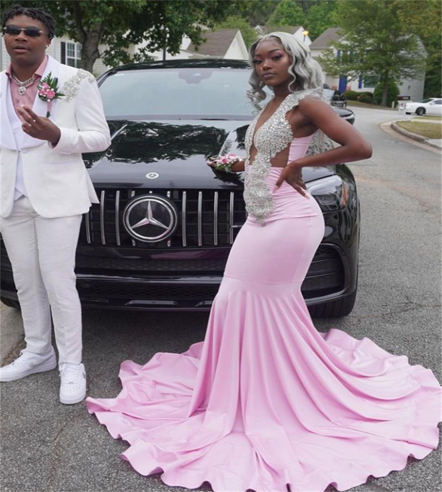 Beautiful Pink Beaded Prom Dress 2023 Elegant Mermaid Satin Black Girls Formal Occasion Wear Luxe Birthday Party Evening Gowns robe de soiree vestido 