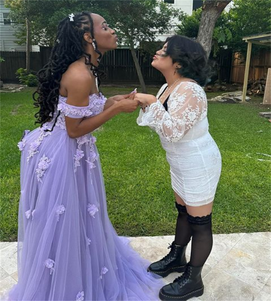 Fairy Lilac 3D Florals Prom Dress 2023 Off Shoulders A Line Tulle Evening Dresses Appliques Lace Formal Occasion Birthday Party robe de soiree vestido