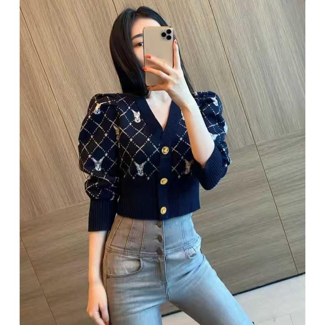 Womens v-neck cute rabbits jacquard weave pattern sweaters single breasted high waist short cardigan tops SMLXLXXL