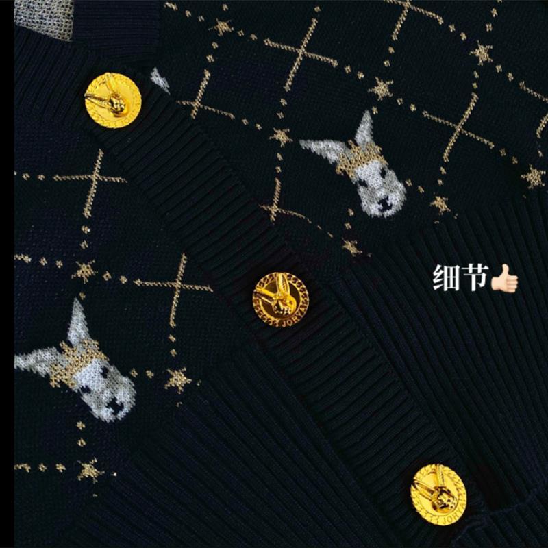 Womens v-neck cute rabbits jacquard weave pattern sweaters single breasted high waist short cardigan tops SMLXLXXL