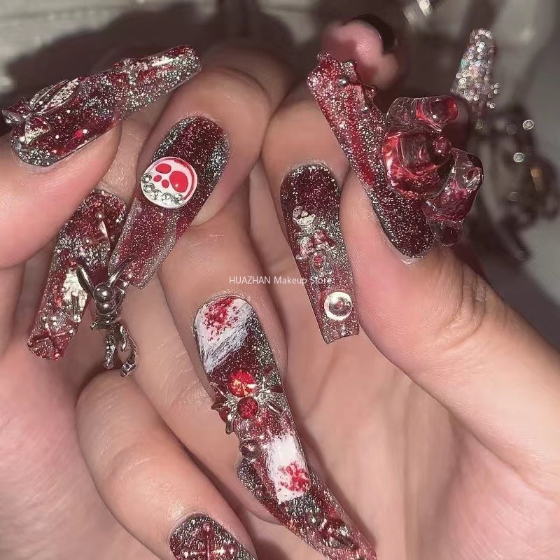 False Nails Girl Style Spooky Mask Rabbit Press on Nails Y2K Handmade Halloween False Nails with Adhesive Long Coffin Acrylic False Nail Tip 230617