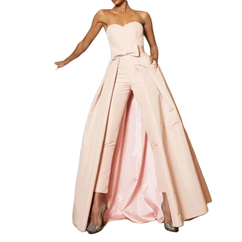 Elegant Women Jumpsuits Prom Dresses With Detachable Skirt Sleeveless Sweetheart Satin Simple Formal Evening Gowns Light Pink Special Occasion Pants S