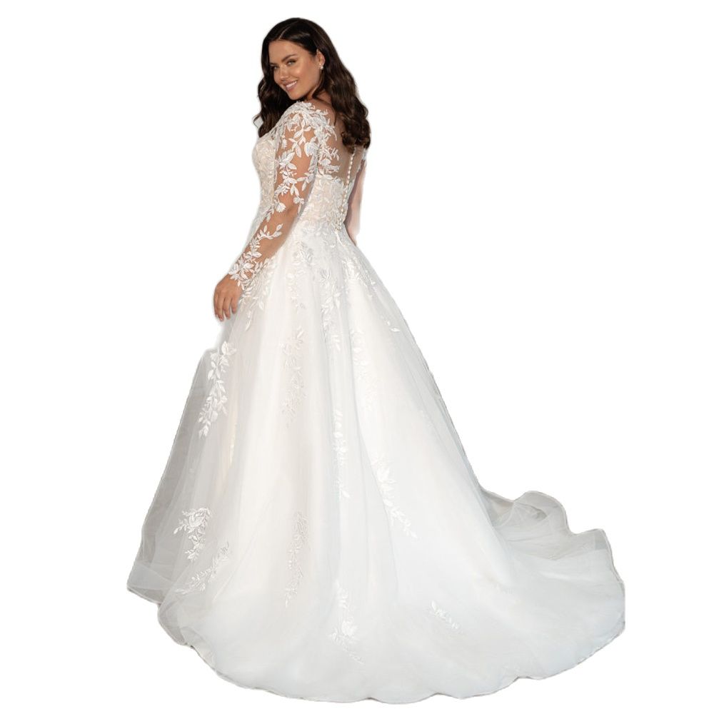 Plus Size A Line Wedding Dresses with Long Sleeve V Neck Button Back Bridal Gown for Bride Country Robe De Mariee