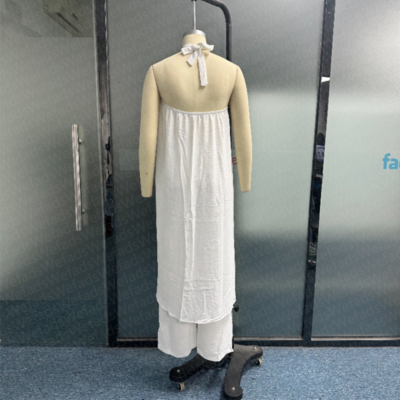 Women s Two Piece Pants Wefad Set Summer Fashion Sleeveless Lace Up Halter Neck Slit Long Top Loose Straight Sets Streetwear 230522