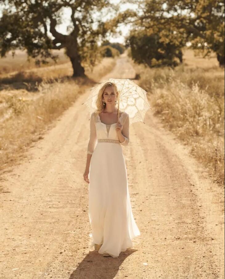 Modest Bohemian Scoop Wedding Dresses with 3/4 Long Sleeve Backless Lace Applique beach Wedding Gowns robe de mariee