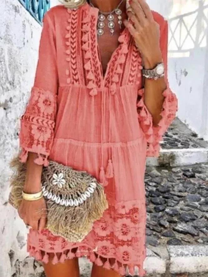 New Womens Casual Dresses Fashionable Sweet Ladies Dress Causal 3/4 Sleeve V Neck Holiday Boho Dresses with Lace Lace and Tassel Cut Out Dress
