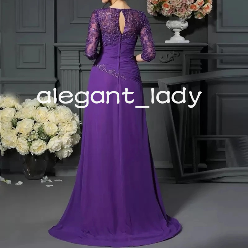 Purple Lace Chiffon Mother of the Bride Groom Dresses with 3/4 Long Sleeve Beaded Pleated Mother Occasion Dress Wear