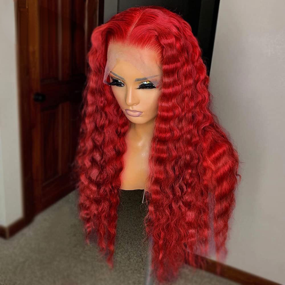 Hot Red Lace Frontal Wig Curly Human Hair Wigs Deep Wave 13x4 Transparent Lace Front Wig Synthetic For Black Women Pre plucked