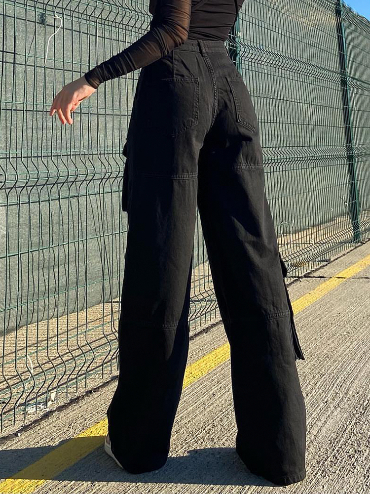 Women s Two Piece Pants Weekeep Low Rise Black Jeans Baggy Pocket Patchwork Straight Cargo Harajuku Streetwear Denim Trouser Fashion s 230522