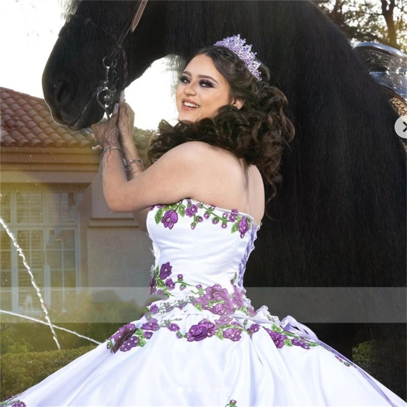 Mexican Lavender Princess Ball Gown Quinceanera Dresses Flowers Appliques Beads Ruffles Birthday Prom Party For 15Th Girls 322