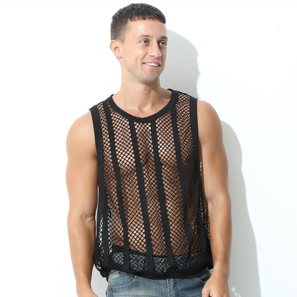 Men s Tank Tops Men Mesh Sleeveless O neck See Through Vests Side Split Sexy Clothing Tee Streetwear Sports Fitness Singlets 230522