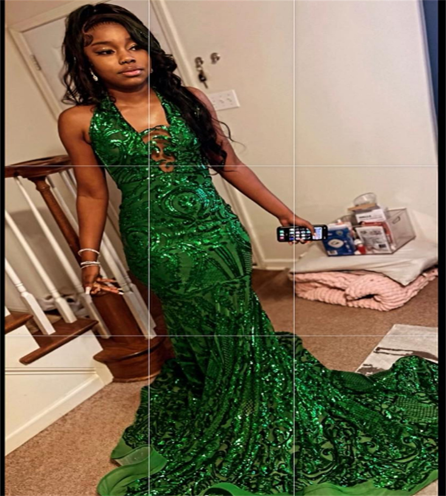 Sparkly Green Sequin Prom Dress 2023 Black Girls Glitter V Neck Mermaid Evening Gowns Elegant Formal Dance Formal Occasion Dress robe de soiree vestid