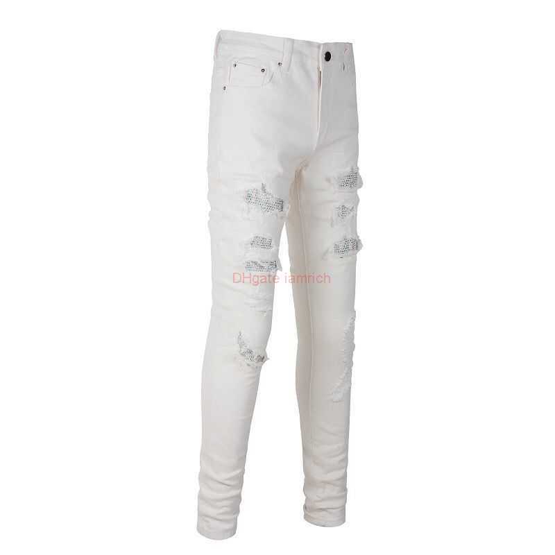 Designer Clothing Amires Jeans Denim Pants Amies Unisex Youth Fashion Jeans White Hot Diamond Wash Worn Elastic Slim Fit Small Feet Pants Distressed Ripped Skinny Mo