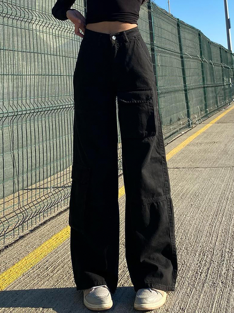 Women s Two Piece Pants Weekeep Low Rise Black Jeans Baggy Pocket Patchwork Straight Cargo Harajuku Streetwear Denim Trouser Fashion s 230522